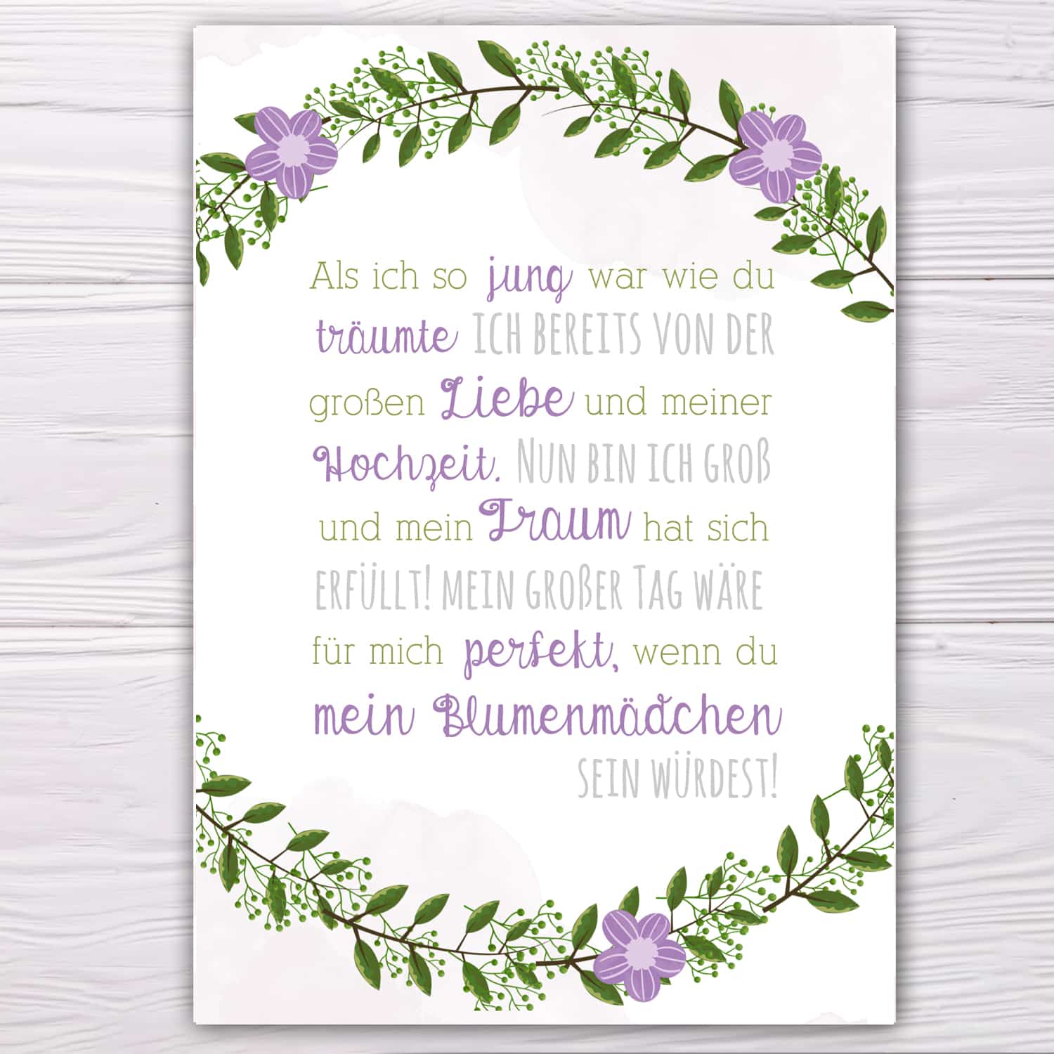 Postkarte lila/grün für Blumenmädchen - Herzpost