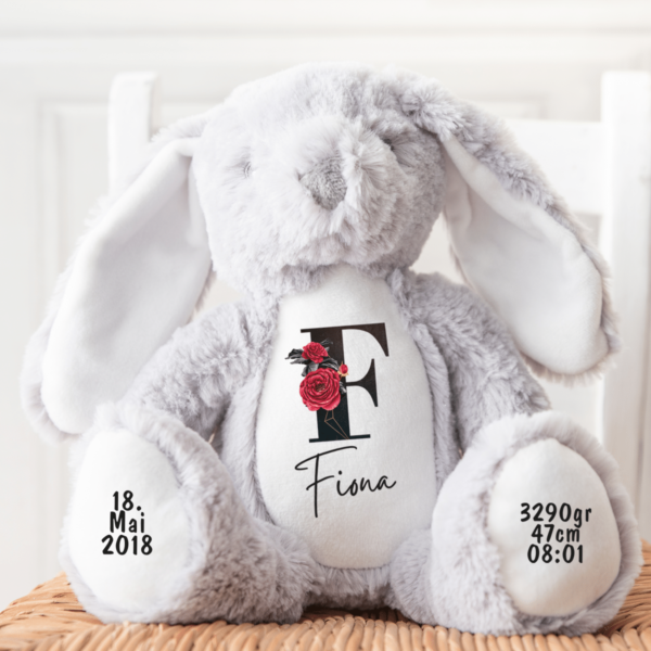 Hase, Kuscheltier, Baby personalisiert, mit Name, Geburtsdatum, Geburts-Geschenk, Kinder, Geschenk, zur Geburt, Taufe, Plüschtier, Stofftier, Kinder-Geburtstag, Mädchen, Junge, Teddy-Bär, Einschulung, Kindergarten, KITA, Familie, Geburts-Kissen